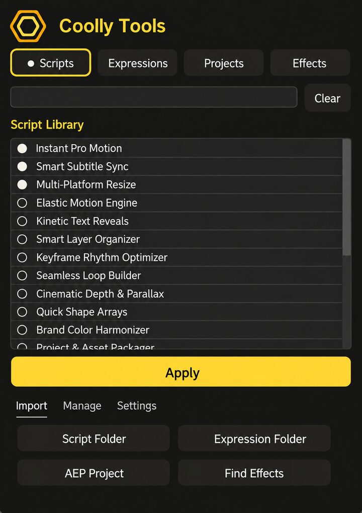 Coolly Tools 5.0 — Scripts · Expressions · Projects · Effects